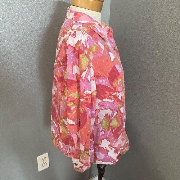 JM Collection Blouse 14P Button-Down Abstract Pink White Green Petite 3/4 Sleeve - Picture 2 of 9